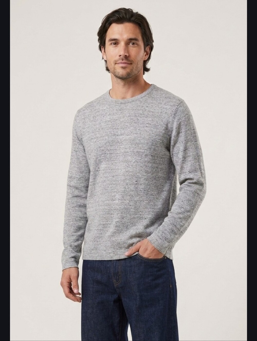 Pact Mens Organic Cotton Fine Knit Crew Neck Sweater in Heathered Gray Large